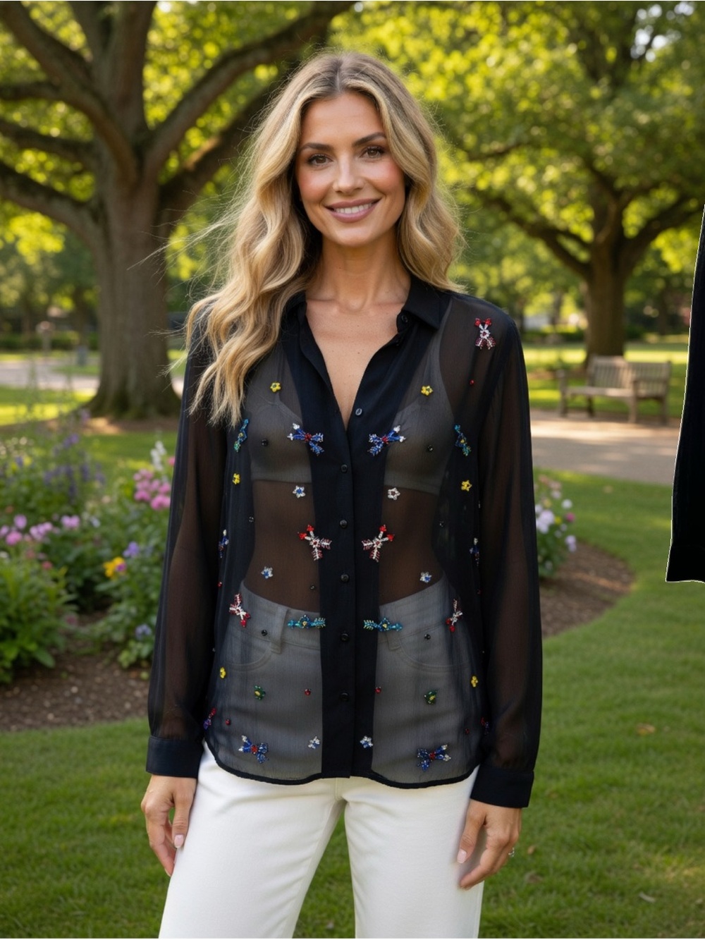Topshop Black Sheer Button-Down Blouse with Multicolor Stones Hand beaded Size 6